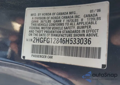 2006 Honda Civic Ex from USA, damaged, VIN 2HGFG12846H533036
